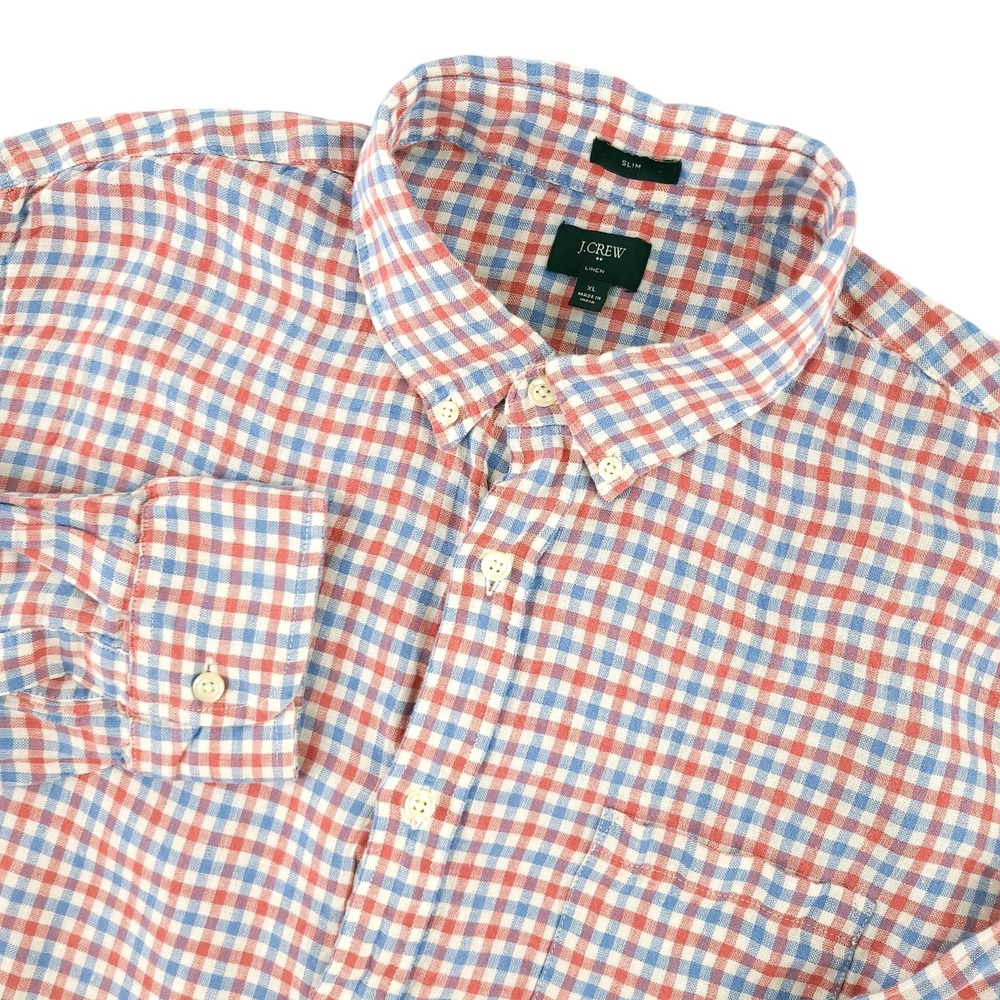 J.Crew Shirt Mens XL Multicolor Check Long Sleeve Linen Button Down Slim Casual
